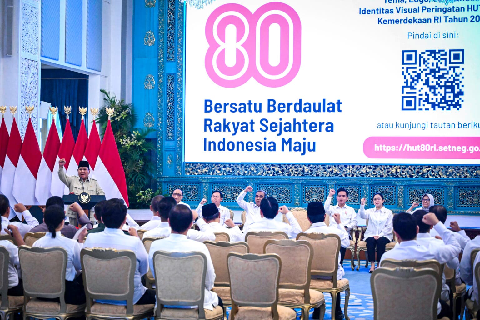 Presiden Republik Indonesia, Prabowo Subianto secara resmi meluncurkan logo dan tema Hari Ulang Tahun (HUT) ke-80 Kemerdekaan Republik Indonesia yang digelar di Istana Negara, Jakarta, pada Rabu, 23 Juli 2025. (Foto: BPMI Setpres)