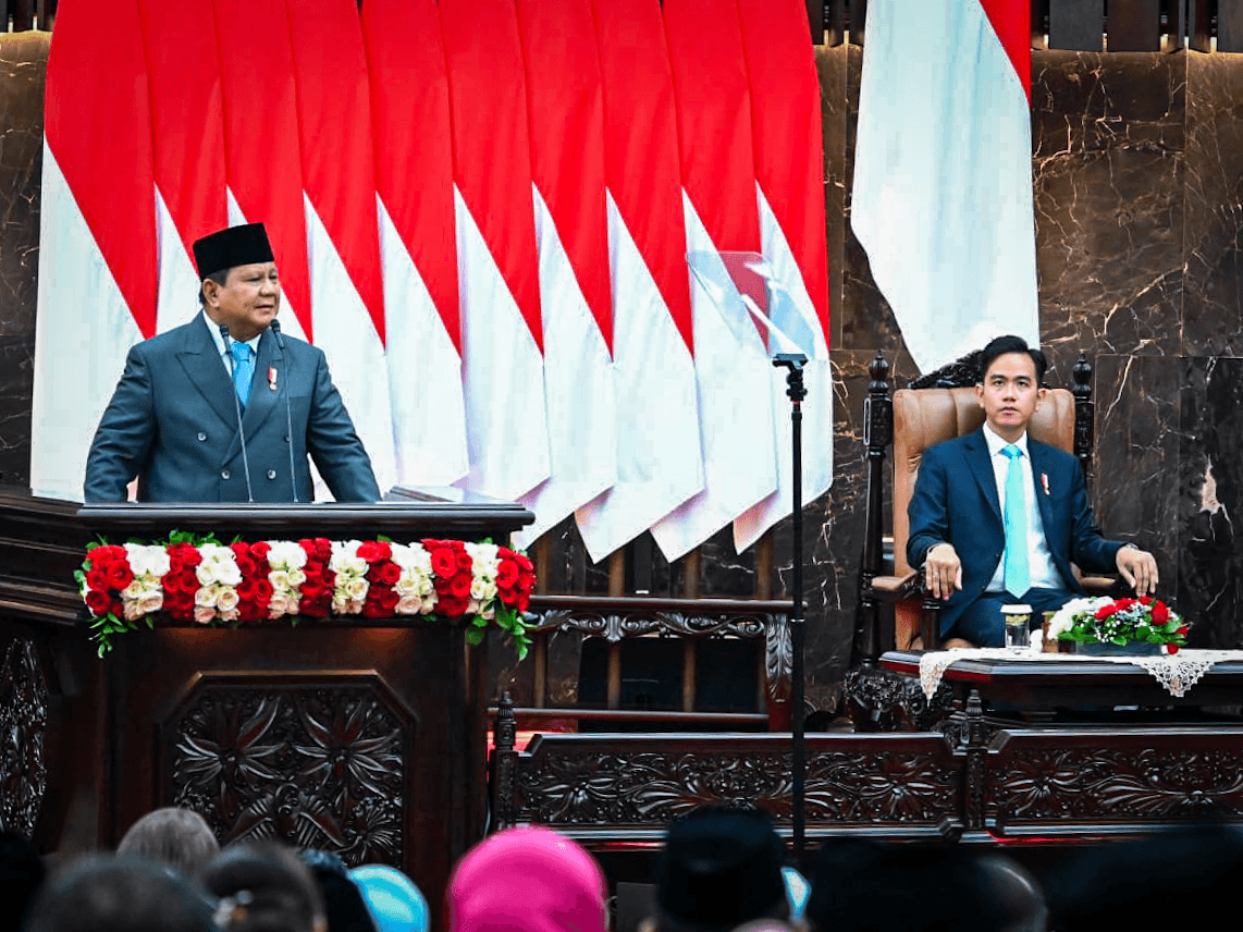 Presiden Prabowo Subianto menyampaikan pidato kenegaraan pertama pada Sidang Tahunan MPR RI dan Sidang Bersama DPR RI dan DPD RI di Gedung Nusantara MPR/DPR/DPR RI, Jakarta, pada Jumat, 15 Agustus 2025. (Foto: BPMI Setpres)